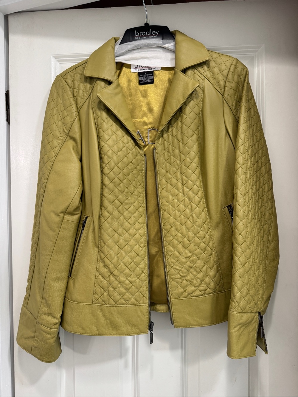 Bradley Bayou Olive Quilted Leather Biker Jacket; zippers
